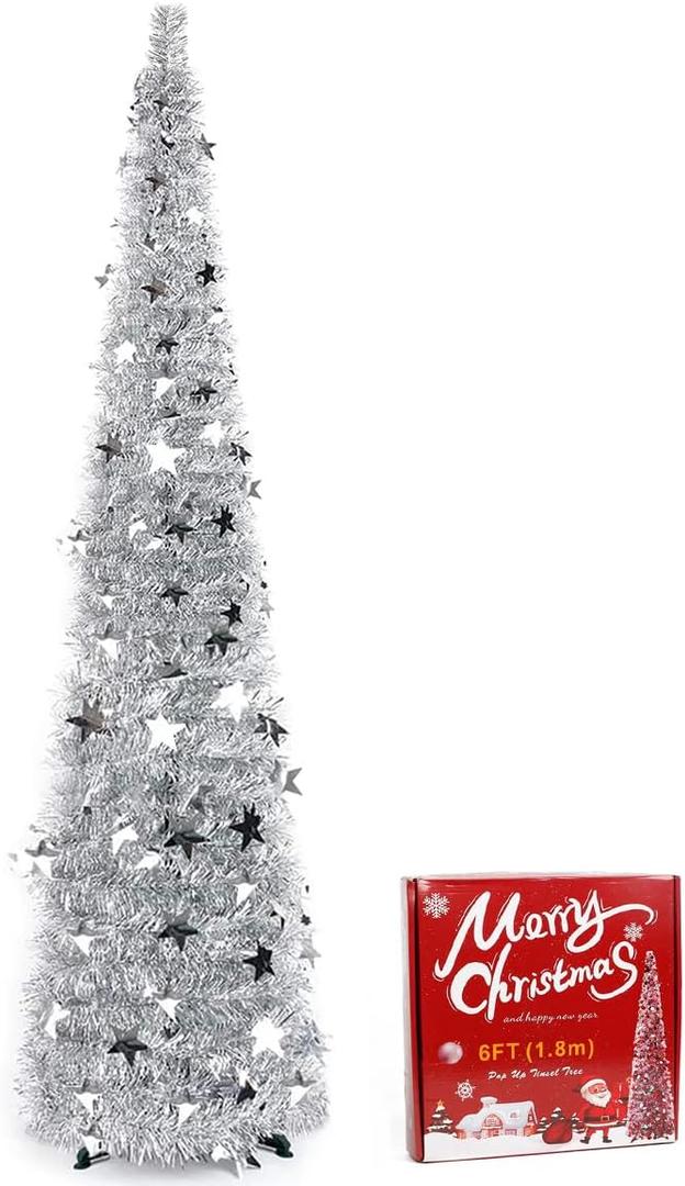 Pop up Christmas Tree 6FT Slim Christmas Tree 180cm Artificial Christmas Tree with Topper Star,Collapsible Pop Up Green Gold Colored Xmas Tree for Holiday Indoor Home Party Decor