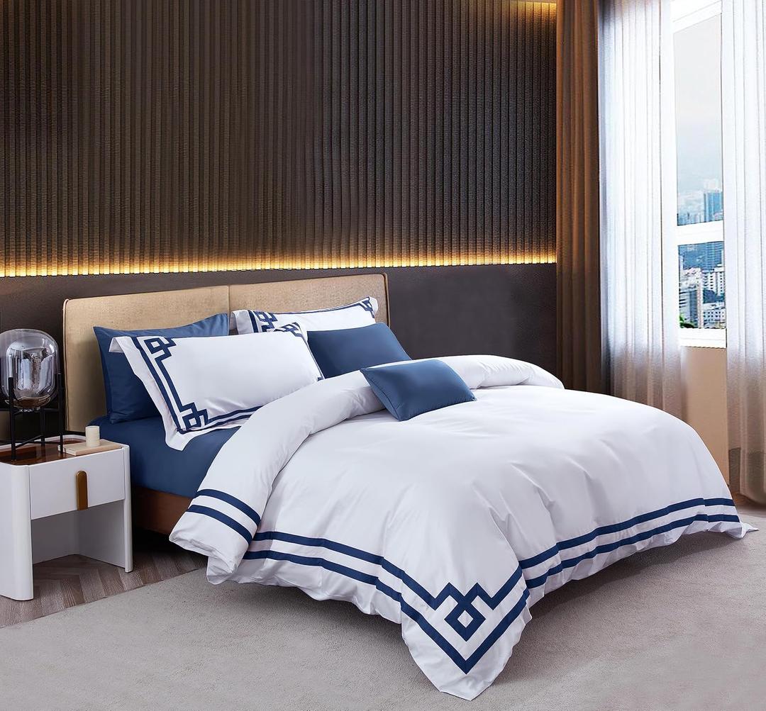 3 Pcs Do Not Include Filling Duvet Cover Set 100% Egyptian Cotton Sateen Luxury 400 TC (White Navy, California King)
