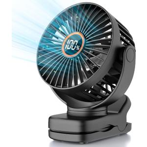 Mini Clip on Fan, Battery Operated Desk Fan, Digital display3 Speeds Adjustable, Bidirectional 360  Adjustable, Super Strong Wind, Portable Fan for Home Office Stroller Camping Black