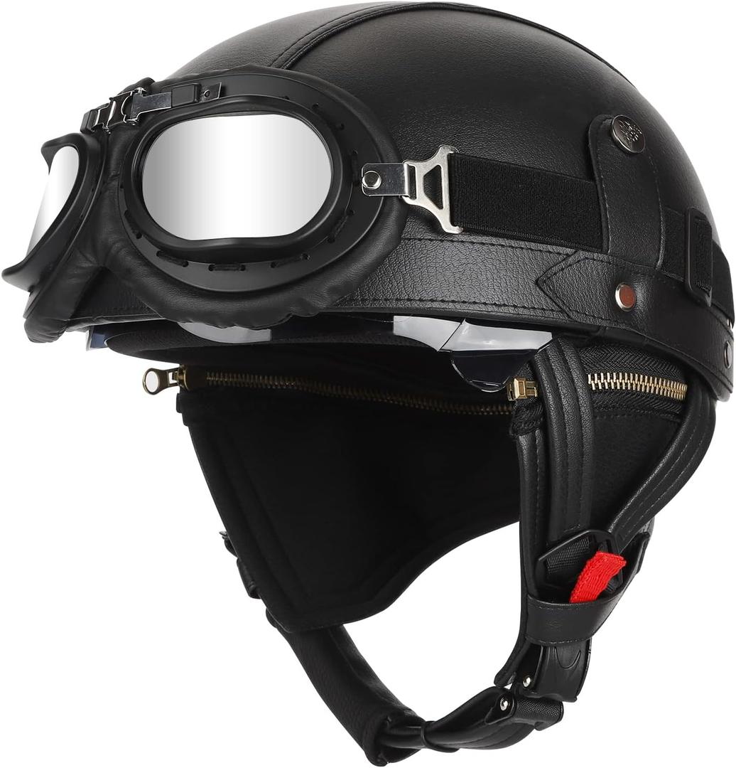 Senhill German Style Motorcycle Helmet for Adult Retro Leather Half Helmet Vintage Cap Skull Cap Open Face Helmet with Goggles for Cruiser Scooter Chopper DOT/ FMVSS 218 Approved (Black Type, M)
