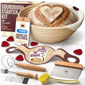 Superbaking Sourdough Starter Kit, 9" Round Banneton Bread Proofing Basket Set, Sourdough Bread Baking Supplies, Sourdough Tools with Silicone Bread Sling, Bread Making Tools, Baking Gifts