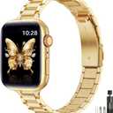 WFEAGL Thin Metal Bands Compatible with Apple Watch Band 46mm 45mm 44mm 49mm 42mm (Series 3 2 1) for Women, Slim Stainless Steel Wristbands for iWatch Ultra SE Series 11 10 9 8 7 6 5 4 (Gold)