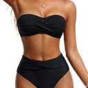 Tempt Me Women Bandeau Bikini Set Twist Strapless Two Piece Swimsuit High Cut High Waisted Bathing Suits (Black, L)