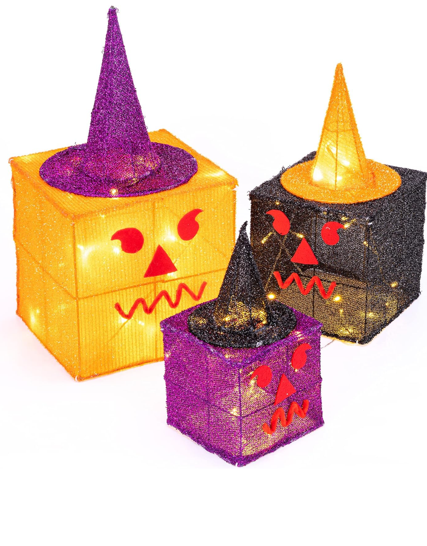 Sunnyglade Set of 3 Halloween Decoration Lights Fabric Gift Box with Plug, Top Hat and 70 LED Lights for Halloween, Autumn , Yard, House Party Supplies