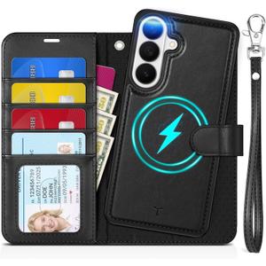 TUCCH Detachable Wallet Case for Galaxy S26+ Plus (6.7"), Wireless Charging RFID Blocking 4 Card Holders Wrist Strap, Kickstand Magnetic PU Leather Protective Flip Cover for Galaxy S26+ 2026, Black