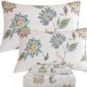 QSH Floral Bed Sheets King Size - 100% Egyptian Cotton Floral Bedding Sheets Botanical Leaves Flower Pattern Printed Bedding King Size Bed Sheets 17.5" Extra Deep Pocket 4pcs