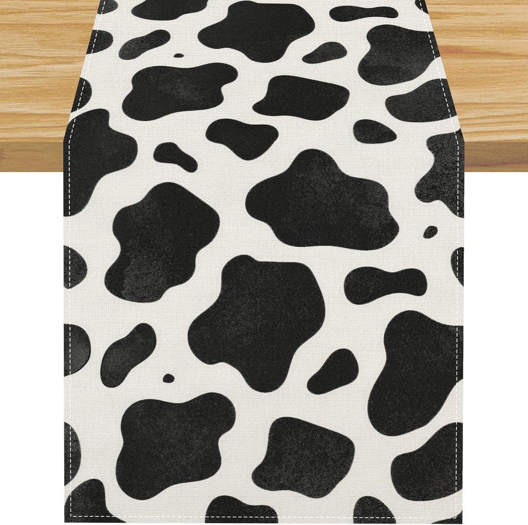 2 x Linen Cow Print Table Runner Cow Print Table Cloth for Parties Farm Cowboy Themed Birthday Party Home Kitchen Dining Room Table Decorations 13x72 Inch