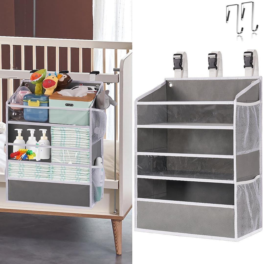 WishJazz XL Hanging Diaper Caddy Organizer for Changing Table, Crib, Playard, Wall & Door, Reinforced Diaper Stacker and Nursery Organizer-Hold 90+Diaper for Newborn Baby Essentials (Grey)