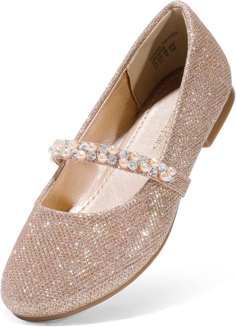 DREAM PAIRS Girls Mary Jane Dress Shoes Ballerina Flats for Wedding, Party (Toddler/ Little Kid/ Big Kid), Size 3 Little Kid, Rose/ Gold/ Glitter, SERENA-100-KIDS