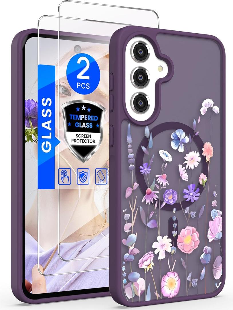 for Samsung Galaxy S25 FE Floral Phone Case with 2X Screen Protector, Military Grade Magnetic Translucent Matte Girls Women Flower Pattern Protective Cover for Galaxy S25 FE (Colorful)