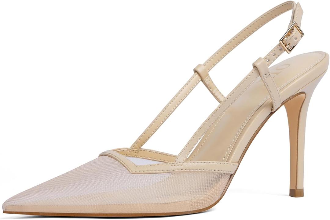 QIY Closed Toe Slingback Heels Women Pumps Strappy Pointed Toe Stiletto Heels for Women Wedding Party Dress Shoes (10, Nude Mesh)