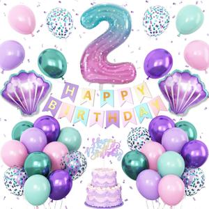 2nd Mermaid Birthday Decorations for Girls,2nd Party Decorations Metallic Purple Green Pink Blue Latex Balloons Number 2 Seashell Foil Balloons Banner Cake Topper Sea Party Decor