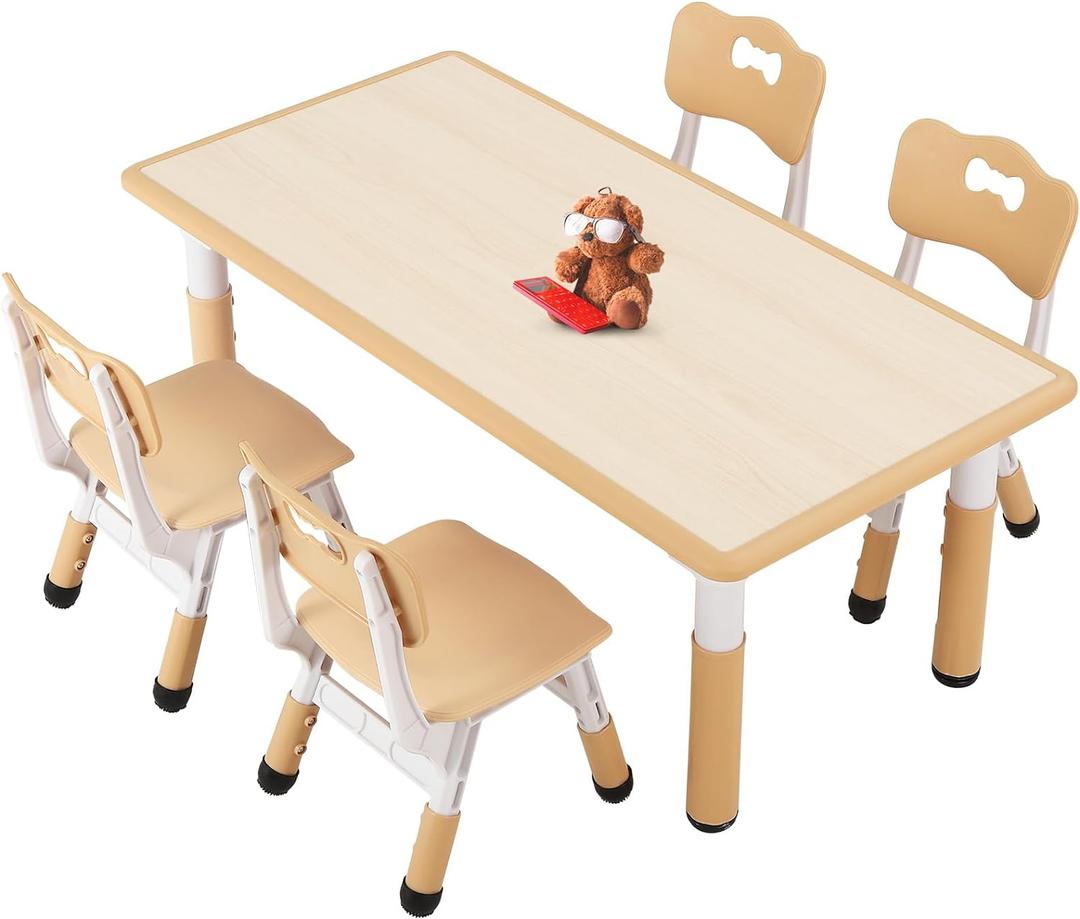 FUNLIO Kids Table and 4 Chairs Set for Ages 3-8, Height Adjustable Toddler Table and Chair Set, Easy to Wipe Arts & Crafts Table, for Classrooms/Daycares/Homes, CPC & CE Approved (5 pcs Set) - Natural (Rectangle - Be Natural)