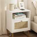 Masupu Extra Large Rattan Nightstand with Charging Station,Boho Night Stand Modern Farmhouse Wood Bedside Table with Storage Drawer and Open Shelf,Side End Table for Bedroom,Living Room,Office White