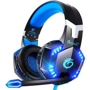 VersionTECH. G2000 Gaming Headset for PS5 PS4 Xbox One Controller,Bass Surround Noise Cancelling Mic, Over Ear Headphones with LED Lights for Mac Laptop Xbox Series X S Nintendo Switch NES PC Games (Blue, Blue,Black)