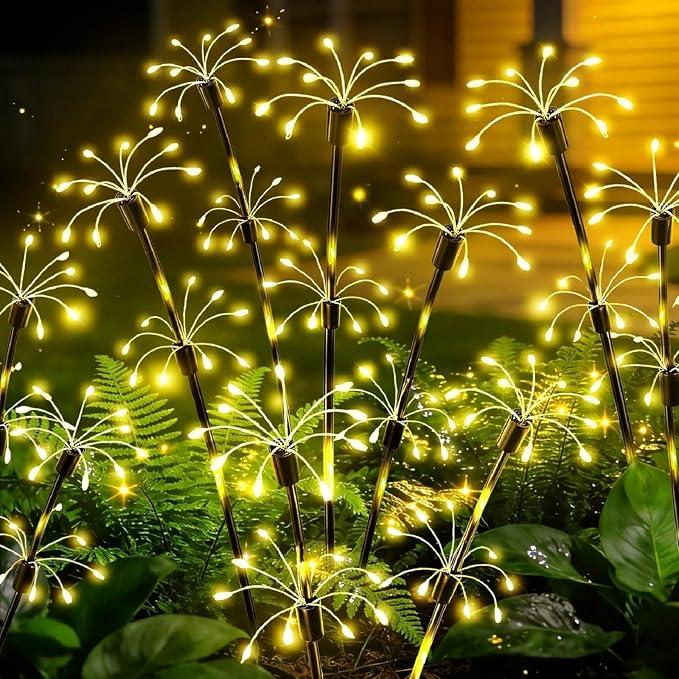 Solar Garden Lights Outdoor, 4 Pack 2-Layer Swaying Fairy Firework Lights Waterproof Starburst Flower Light, Garden Christmas Decor for Yard Patio Lawn,  Fully charges in 6–8 hours of sunlight and provides
