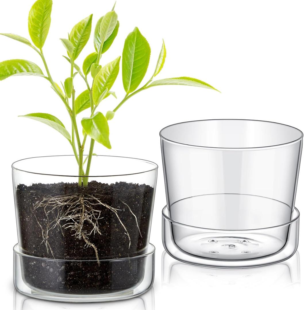 2 Sets 6 Inch Glass Planter with Drainage Hole and Tray Indoor Clear Plant Pots with Saucer Modern Decorative Orchid Glass Pot for Outdoor Flower Plants, As shown