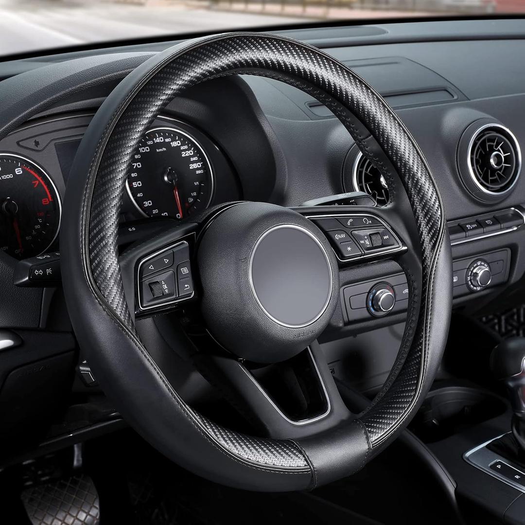 SEG Direct Car Steering Wheel Cover Universal Standard-Size 14 1/2"-15" Leather with Carbon Fiber Pattern Black