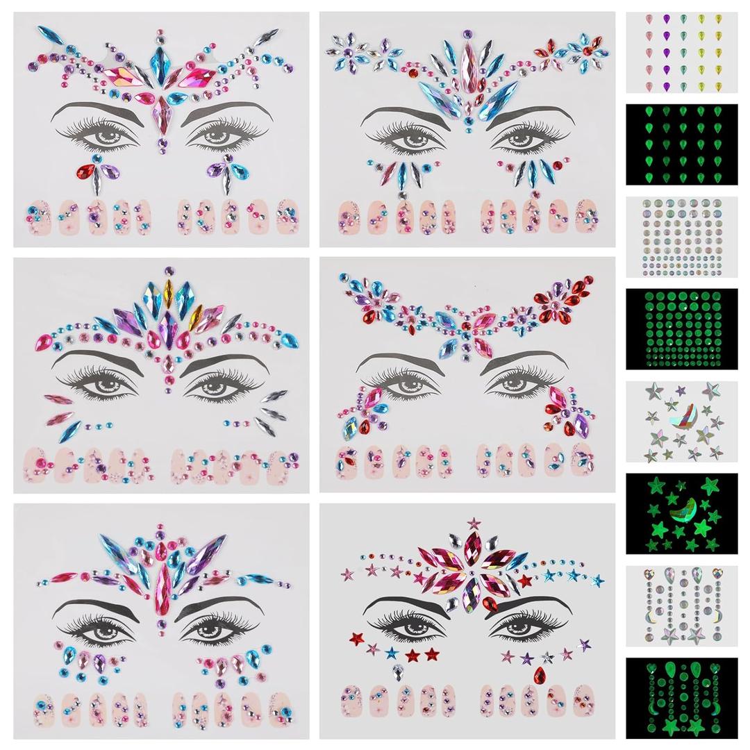 RHEIN Mermaid Face Gems Self Adhesive Face Jewels for Women, 10 Sets Crystal DIY Temporary Tattoo for Hair, Body, Nails, Eye Makeup Glow-in-the-Dark Rhinestones Festival Stickers