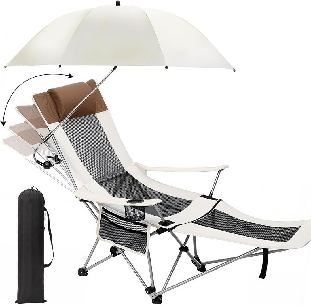 Lineshading 2 in 1 Beach Chair with Umbrella, Folding Camping Reclining Chair with Sunshade Headrest Footrest, 4 Position Adjustable Mesh Lounger Portable for Summer Tailgates Camp Fishing (White)