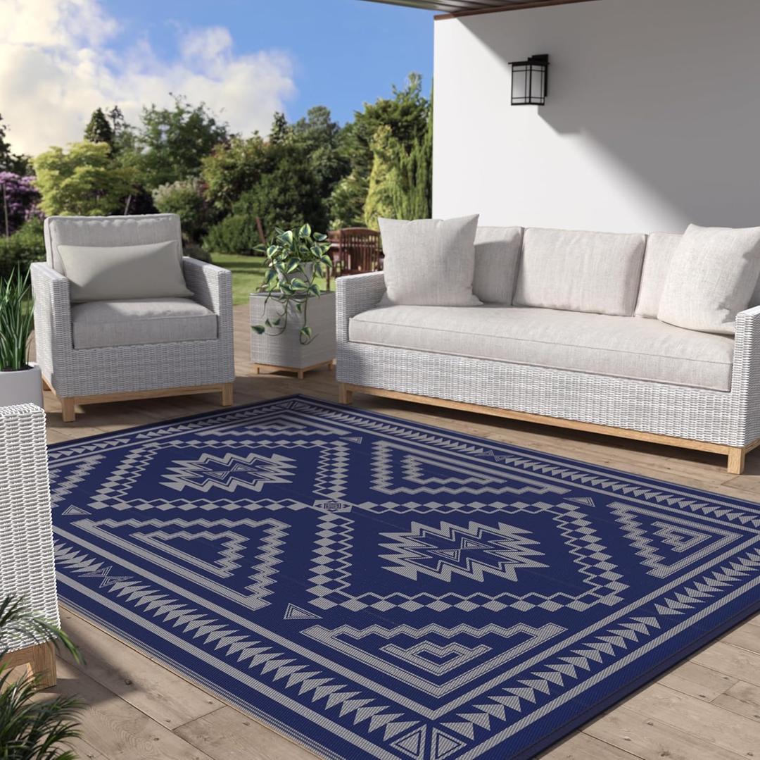 GENIMO Outdoor Rug for Patio Clearance - 6x9 ft Waterproof Plastic Camping Rugs, Reversible Outside Rv Mat Carpet for Porch, Deck, Picnic, Balcony, Beach, Backyard, Blue Grey