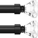 Knobelite Black 2 Pack Window Treatment Single Curtain Rod, Adjustable Drapery Rod Set from 48 to 86 Inches with Crystal Finial Finials(4-7.2ft), 1-Inch Diameter Curtain Rods for Windows