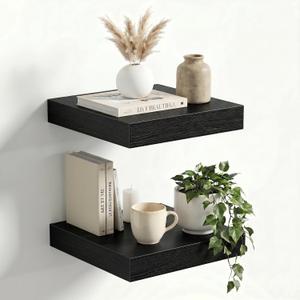 Fun Memories Corner Shelf Wall Mount Set of 2 - Solid Oak Wood Floating Corner Shelf with Cable Hole, 8.5in Rustic Design for Bedroom, Living Room, Kitchen (Black)