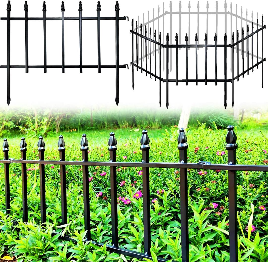 Metal Decorative Garden Fence 22" Wide x 18" High (5 Panels, Total Length 9.17 feet), Metal Border Folding Fence, Landscape Fencing for Flower Bed, Yard, Animal Barrier (Black)