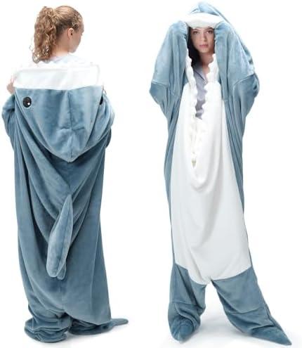 Touchat Shark Blanket for Adult & Kids Super Soft Cozy Flannel Throw Wearable Blanket, Cartoon Animals Shark Onesie Hoodie, Sleeping Bag Cosplay Shark Costume Blanket Gifts for Shark Lovers (Blue,L)
