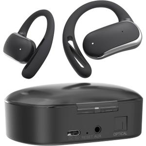 2.4GHz Wireless TV Headphones for Seniors, Open-Ear Hook Design for All-Day Comfort, Plug-and-Play (No Bluetooth), Low Latency, 50ft Range, Charging Case Transmitter with Optical & 3.5mm AUX Cables