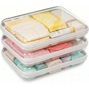 3 Pack Large Clear Hard Shell Zipper Case, Diaper Bag Organizer Pouches, Water-Resistant Travel Toiletry Bags for Baby Essentials, Toys, Cables, Crafts, Makeup, White