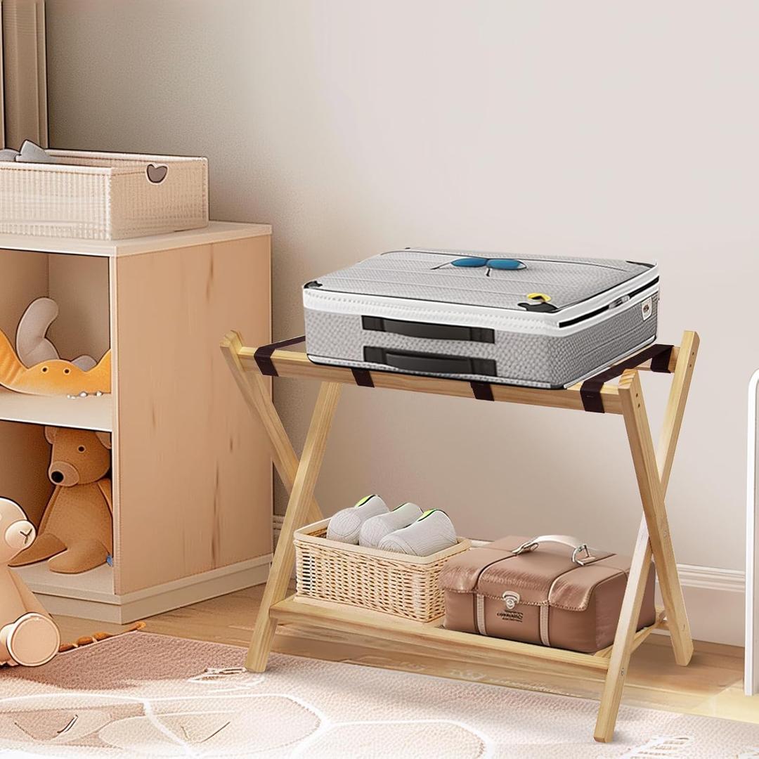 Luggage Rack with Shoe Shelf, Folding Suitcase Stand with Heavy-Duty Straps, Large Wooden Luggage Holders for Guest Room, Ideal for Bedroom, Hotel, Wood 1pc with 2 Storage Bags