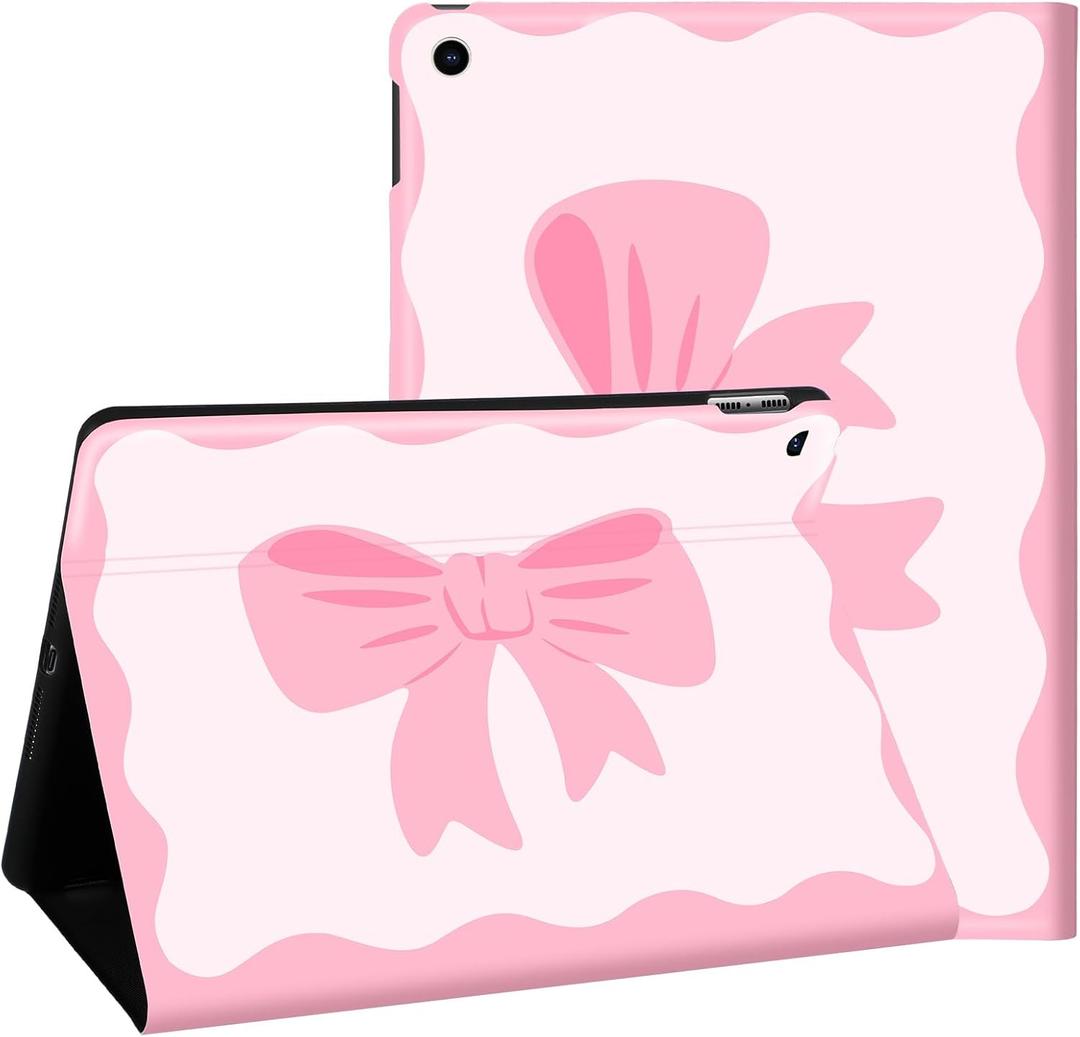 Bow Pad Case Coquette Bow Case Cute Girly Protective Cover Preppy Leather Cover with Pencil Holder for Girls Women (Compatible with Ipad 9th/8th/7th Generation, Pink)