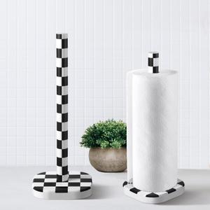 Teenyyou Checkerboard Paper Towel Holder Countertop Wood Standing Paper Roll Holder with Anti Skid Base Black and White Decorative for Kitchen Bathrooms Living Room