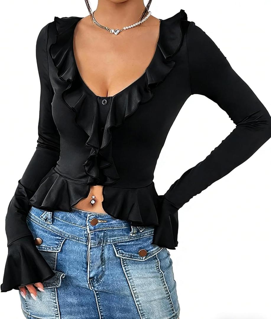 Women Going Out Tops Ruffle Trim Button Front Deep V-NeckFlared Sleeve Long Shirt Y2k Crop Top (X-Large, Black)