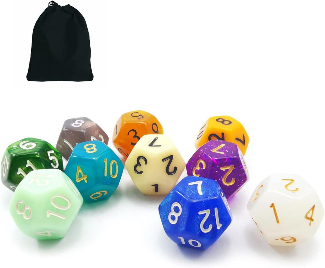 10pcs Set of 12 Sided Dice Cube (Numbered 1-12), 10 Count Assorted Random Multi Effected&Colored Pack of D12 in Drawstring Pouch