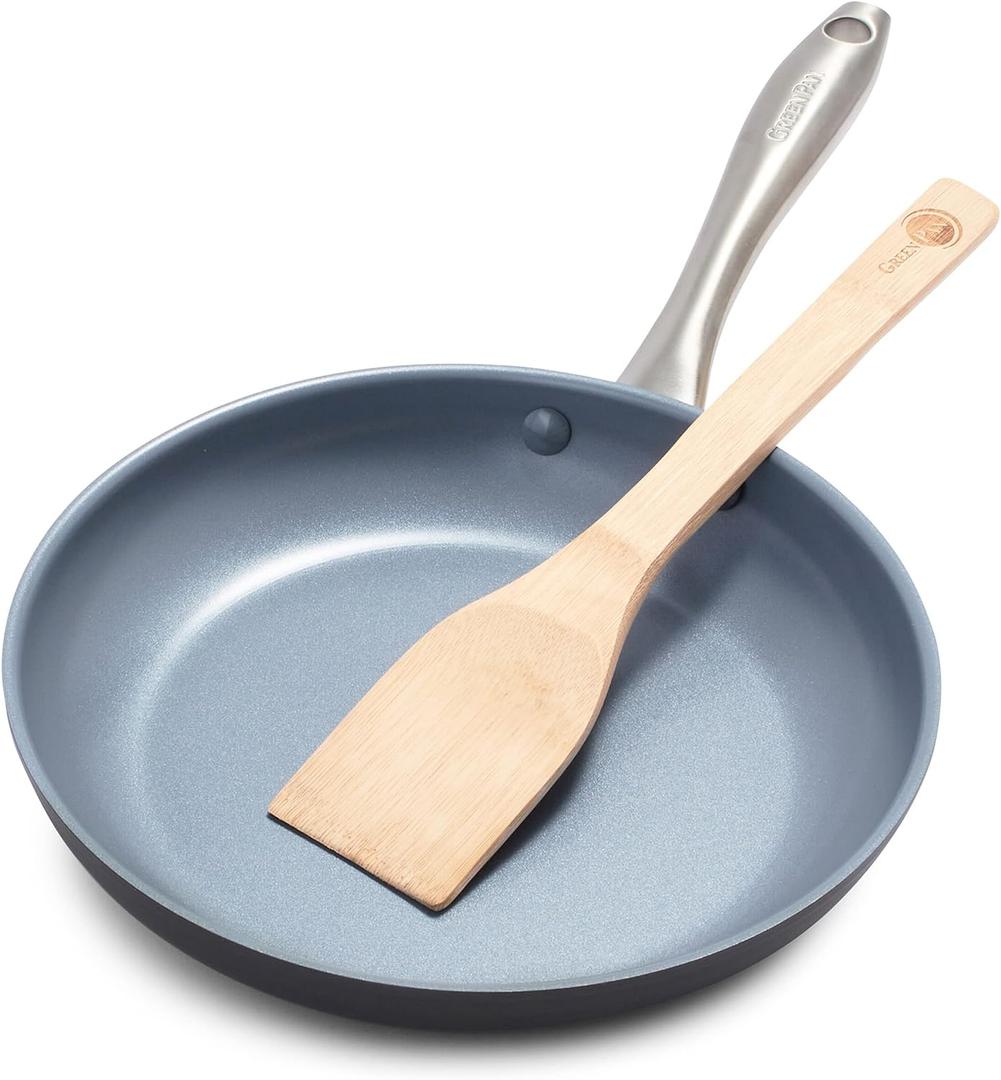 GreenPan Lima Hard Anodized 10" Frying Pan Skillet, Wood Spatula, Ceramic Nonstick, PFAS-Free Nontoxic Pots and Pans, Oven & Broiler Safe, Stainless Steel Handle, Cookware for Eggs & Omelet, Gray