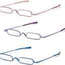 3 Pack Slim Pen Reading Glasses Metal Frame & Case Compact Portable Spring Hinge Eyeglasses for Women Men (Pink, Purple, Blue, +1.25)