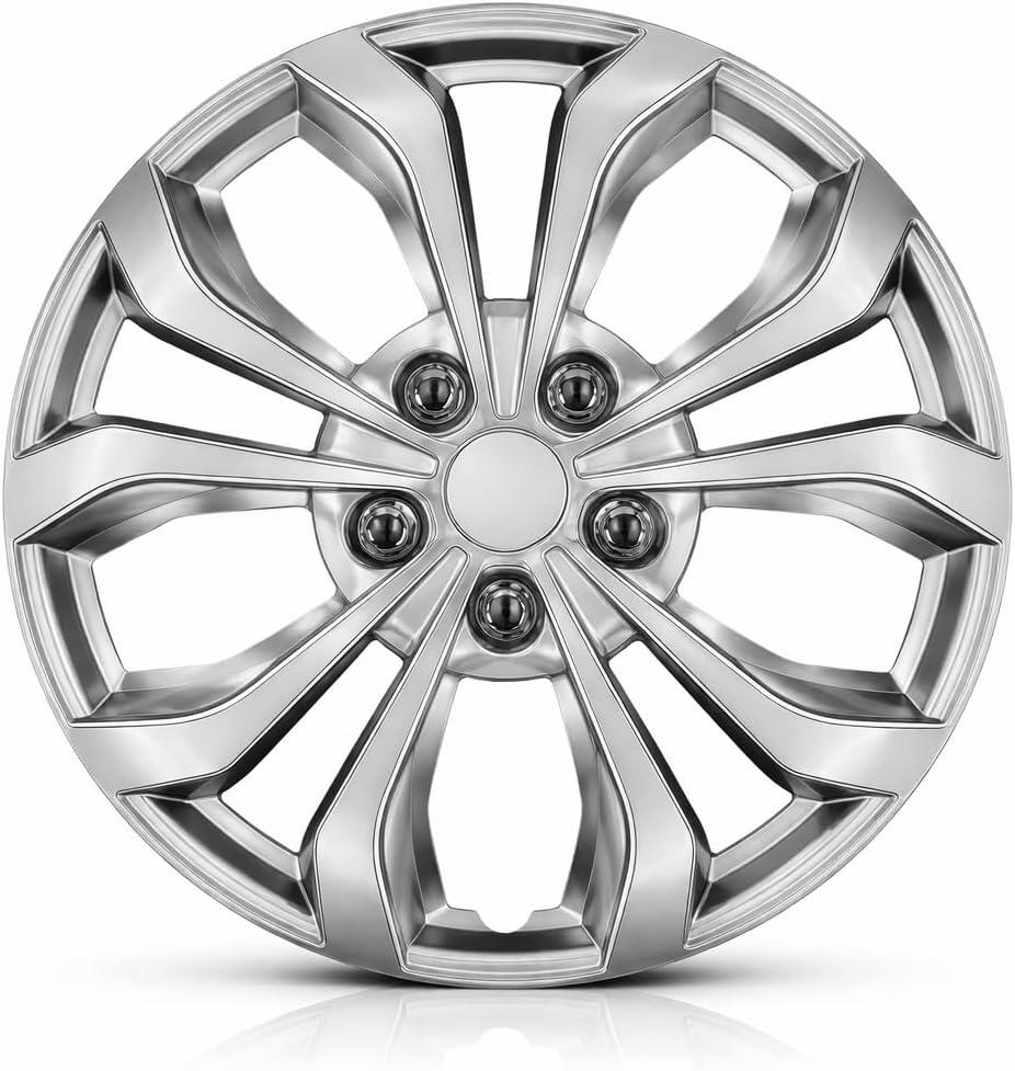 Universal Hubcaps for Steel Wheels, Snap-On Wheel Covers with Adjustable Steel Retaining Ring, Durable ABS, Patent Design (Silver, 14-inch)