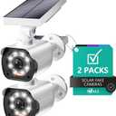 WALI Dummy Fake Camera, Security Camera with Motion Sensor Flood Light, Simulated Surveillance Security CCTV Dome Camera Indoor Outdoor (TCW2-SOL), 2 Packs, White-Solar