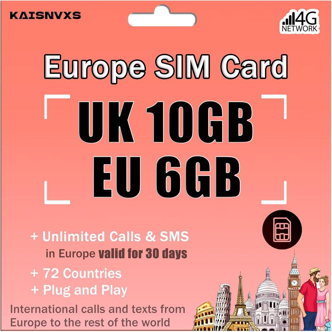Prepaid SIM Card for Europe Travel - 10GB in UK / 6GB 4G High Speed Data Roaming in 71 Europen Countries for 30 Days, Unlimited Calls & Texts with UK Phone Number, No Need Activation,Plug and Play