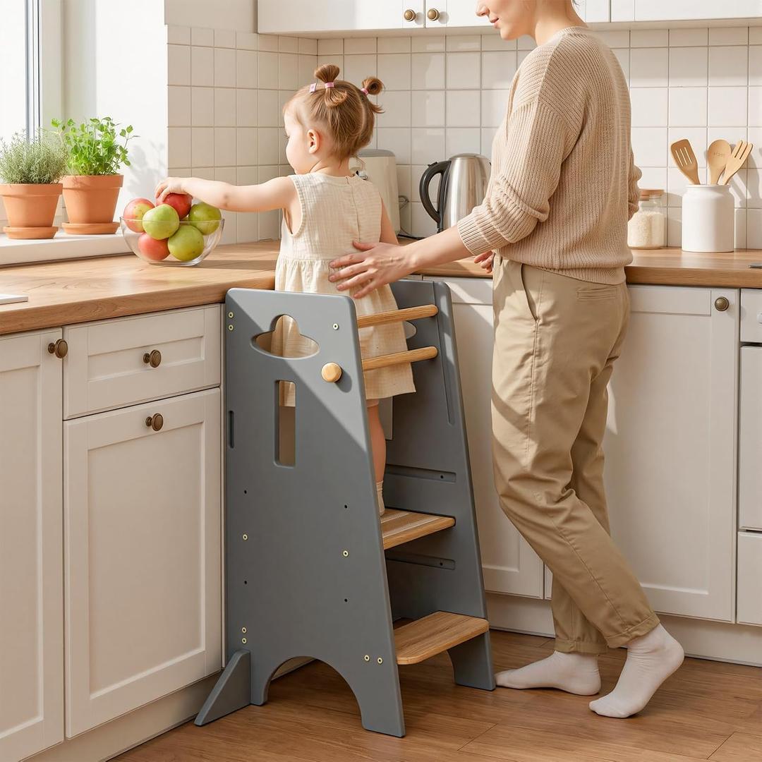 COSYLAND Adjustable Toddler Standing Tower (NO Backing Board) - Stable Toddler Step Stool with 4 Stabilizing Blocks - 3 Levels Height Adjustable Kids Kitchen Stool Helper (Natural & Light Gray)