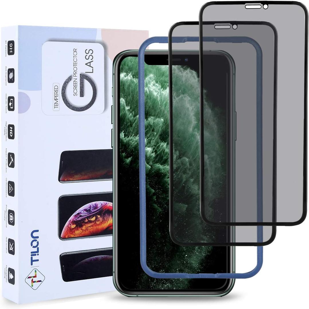 TILON (2 Pack) Privacy Screen Protector Compatible for iPhone X/XS/11 Pro, Innovative Anti-Spy 3D Touch Full Cover 9H Tempered Glass Ultra-Clear Bubble-Free Easy Installation with Free Frame-5.8inch