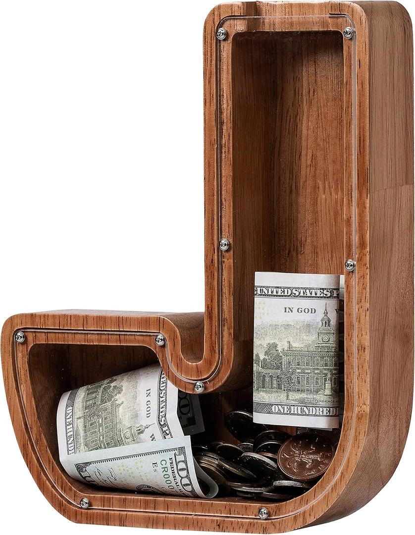 Piggy Bank for Kids Boys Girls, Wooden Large Letter Piggy Bank Alphabet Money Bank with Initial J, Coin Bank Fun Gifts for Birthday, Christmas, Festival, Baby Shower