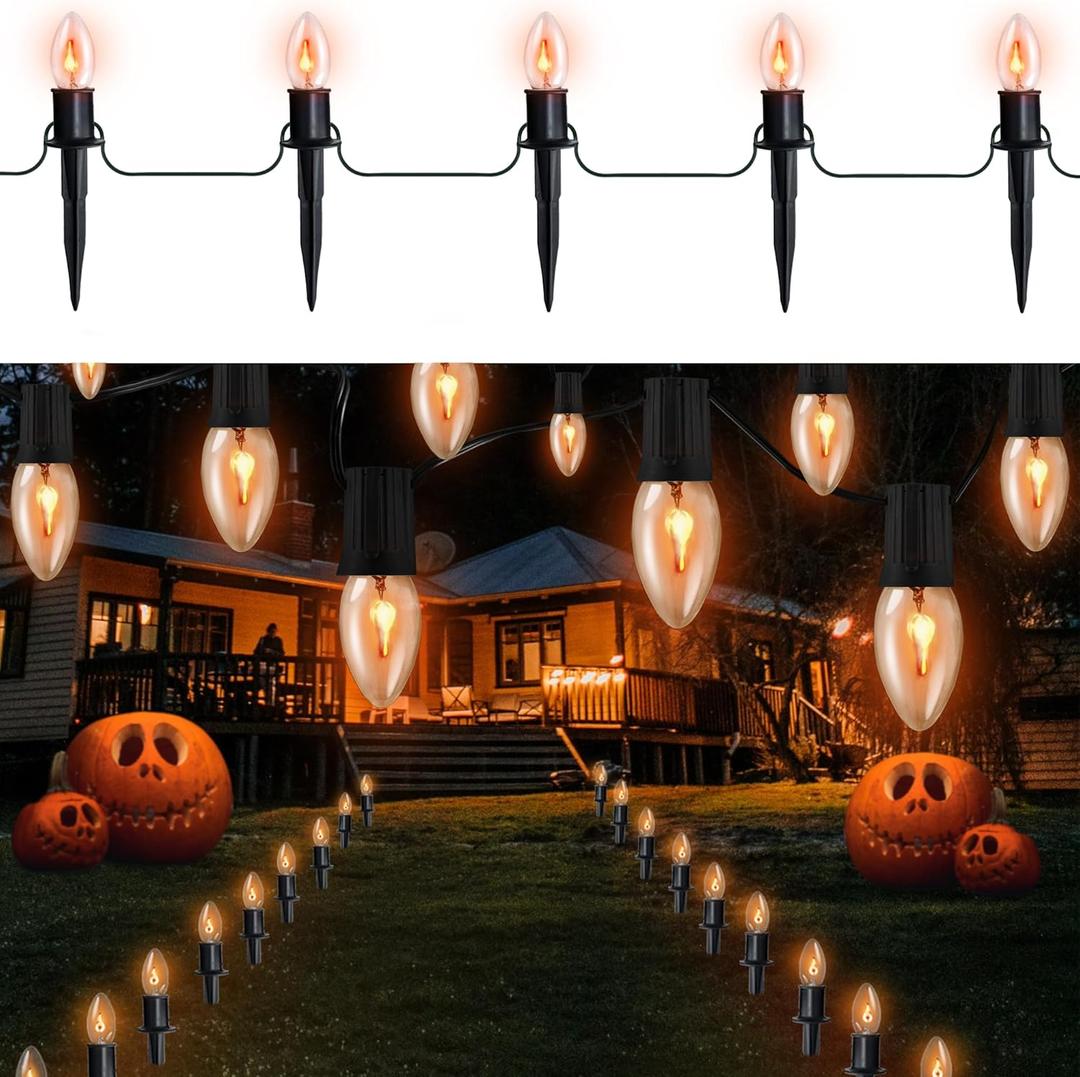 24.2ft Flickering Flame Pathway Halloween Light Decoration Outdoor, C9 String Lights Halloween Decor with Stakes, Waterproof 20 Flicker Lights for Garden, Party, Green Wire
