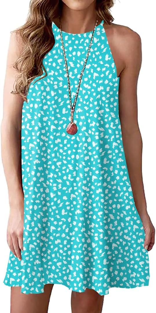 MITILLY Women's Halter Neck Boho Floral Print Loose Casual Sleeveless Short Dress (XL)