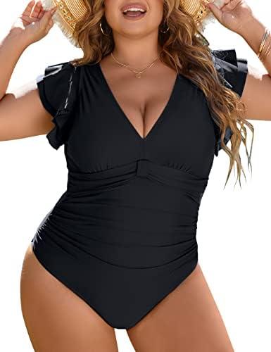 Blooming Jelly Women's Plus Size Swimsuit One Piece Tummy Control Bathing Suit Modest Full Coverage Ruffle Swim Suits, Size 2XL, Black