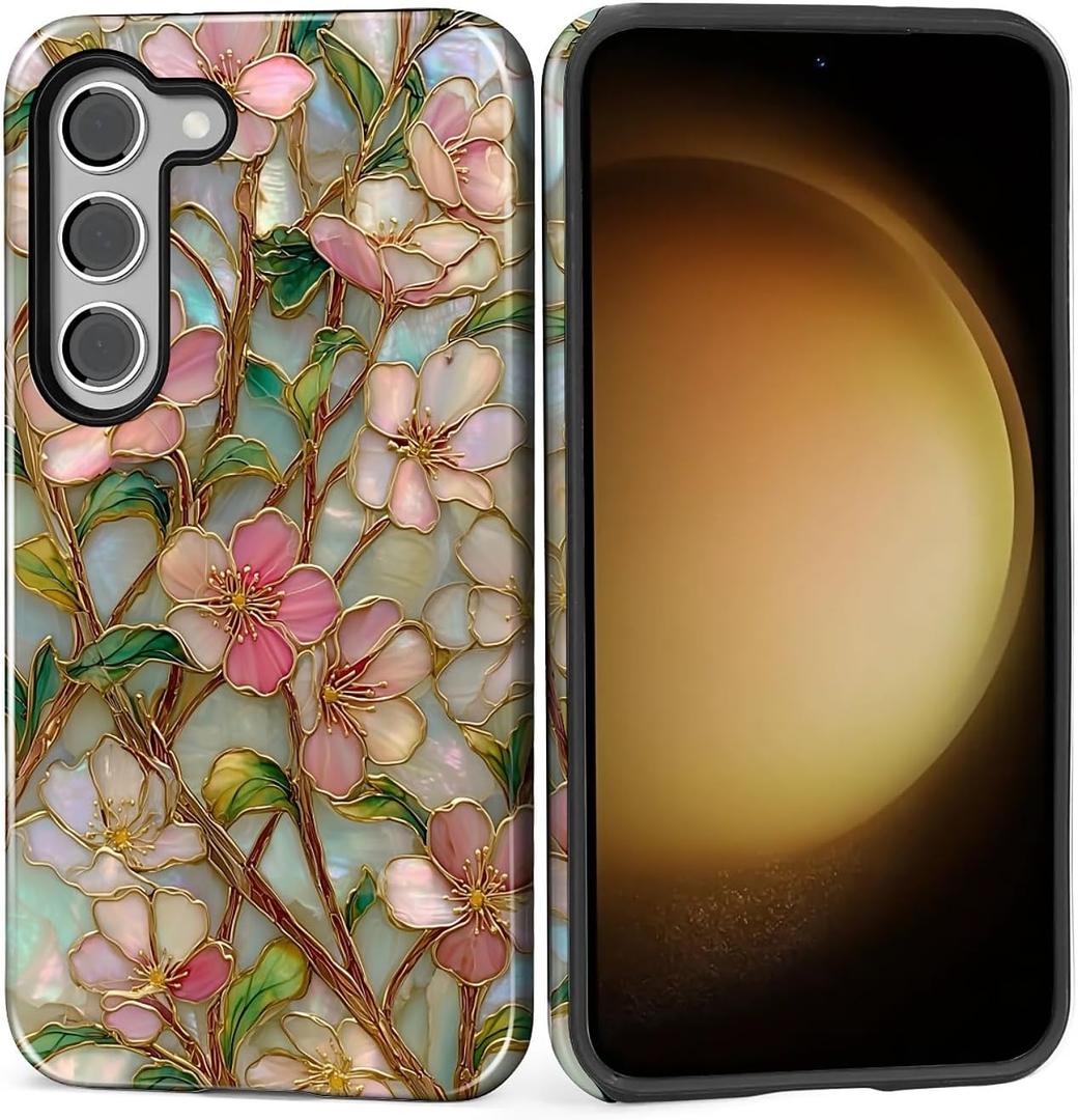 Case for Samsung Galaxy S23, Hybrid Heavy Duty 2 in 1 Full Body Rugged Shockproof Protection Glossy Case for Samsung Galaxy S23 Wildflower Stained Glass Garden