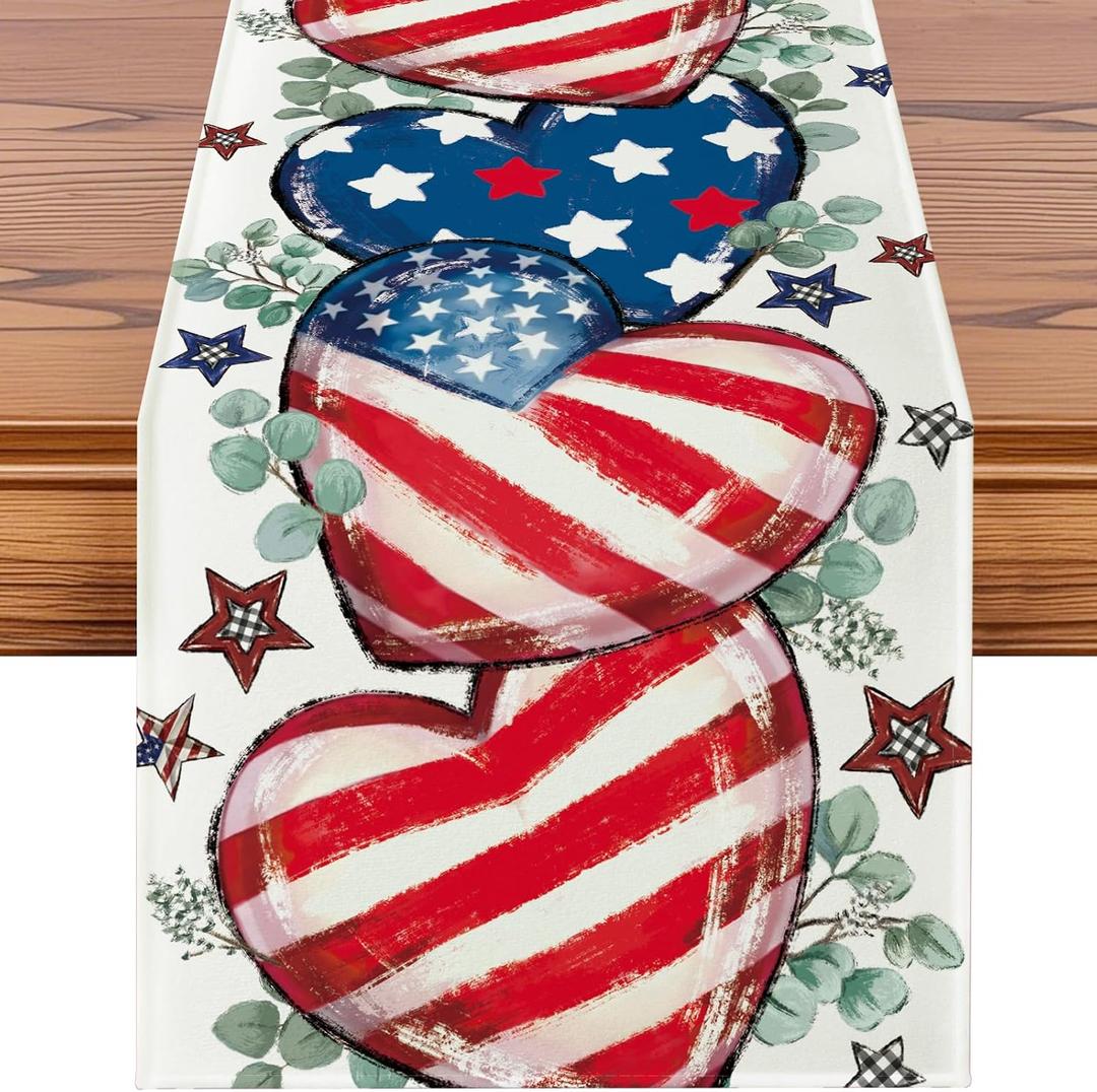 Artscope Love Heart Eucalyptus Patriotic 4th of July Table Runner, Memorial Day Kitchen Dining Table Decoration for Independence Day Home Decor 13x72 Inch