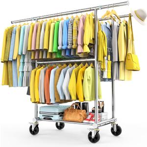 100% Stainless Steel Heavy Duty Clothes Rack Load 960LBS, Three Rods Clothing Racks for Hanging Clothes ExtendableRolling Garment Rack With Sturdy Wheels Shelves Hooks, Portable Closet Wardrobe Rack (Silver)